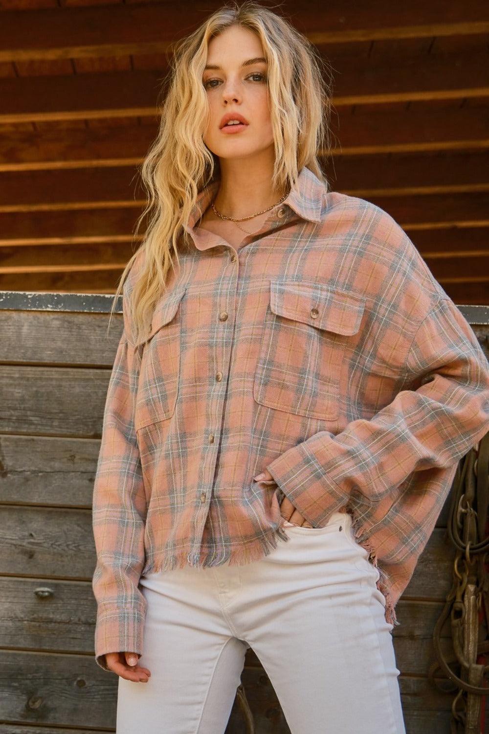 And The Why Full Size Plaid Button Up Raw Hem Shirt - Divasha