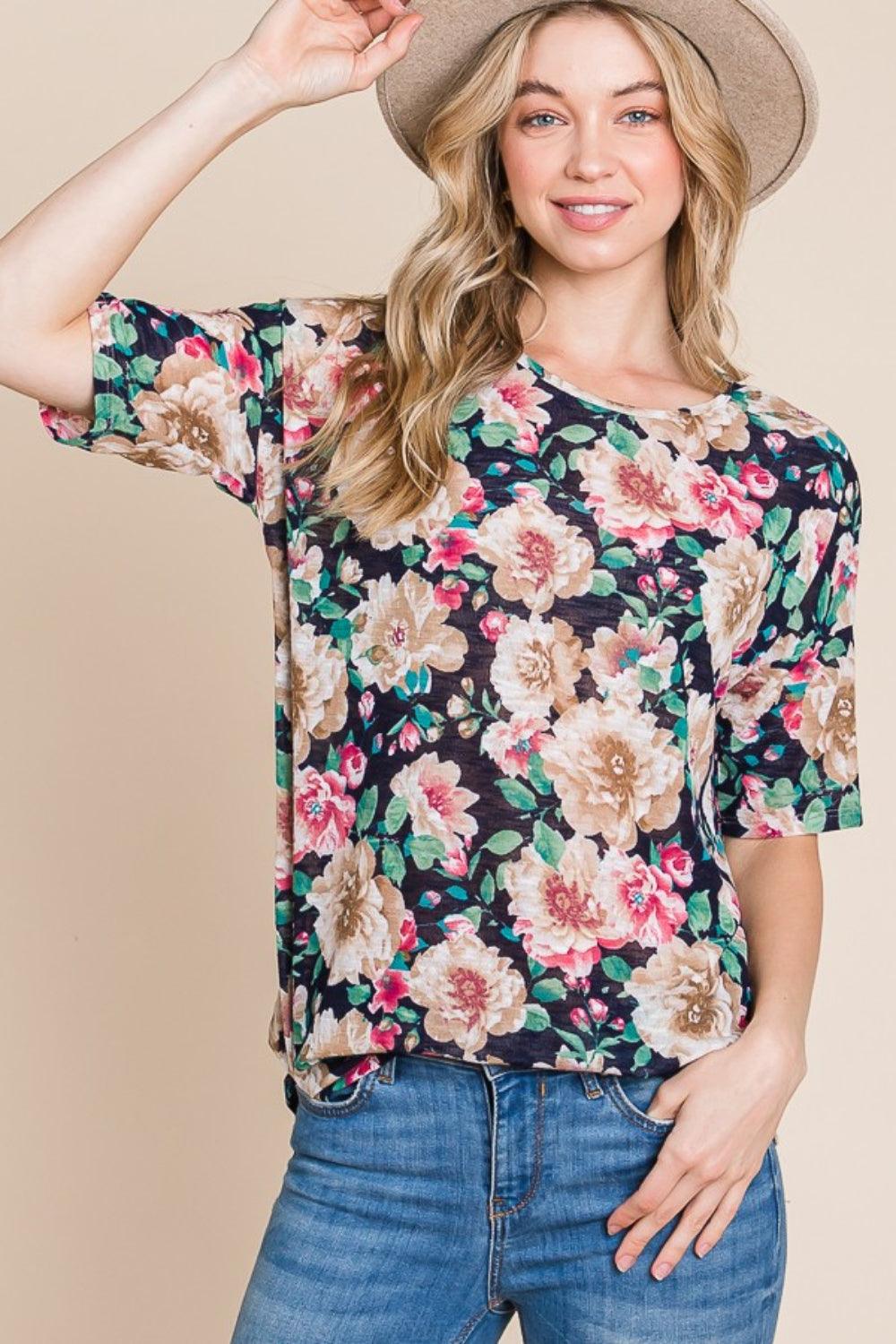 BOMBOM Floral Round Neck T-Shirt - Divasha