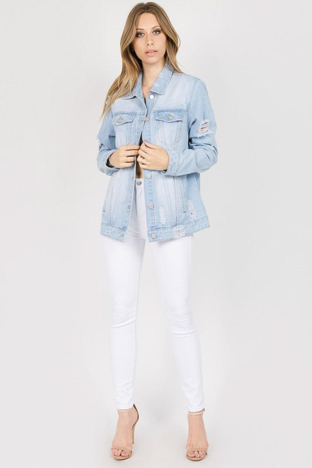 American Bazi Letter Patched Distressed Denim Jacket - Divasha