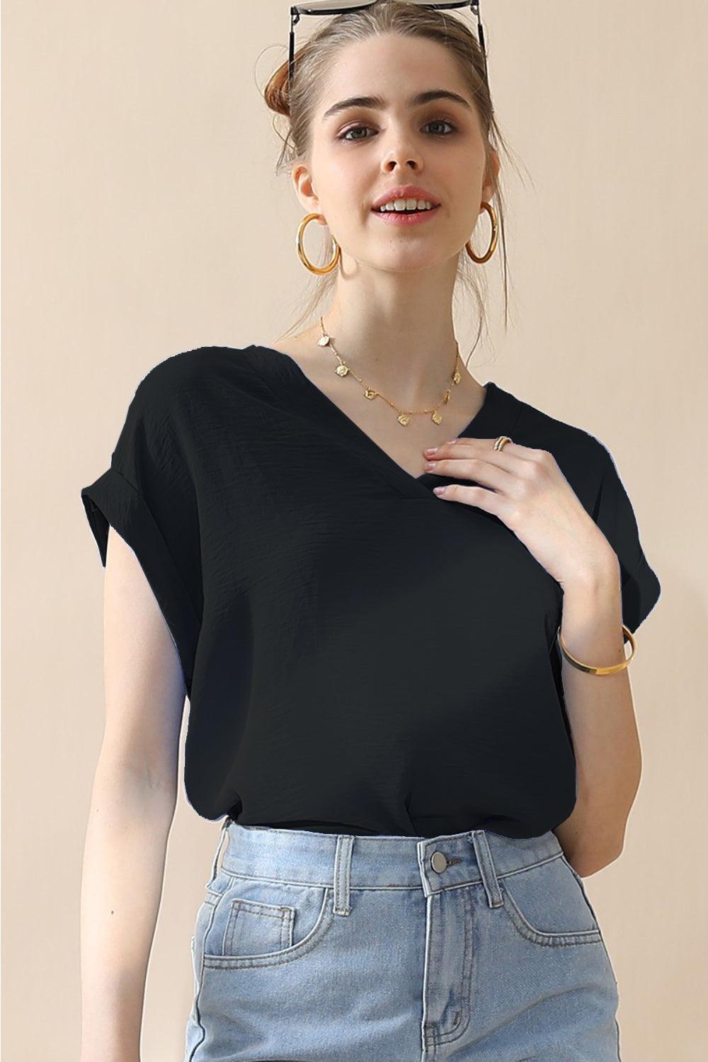 Ninexis V-Neck Trim Rolled Short Sleeve Shirt - Divasha