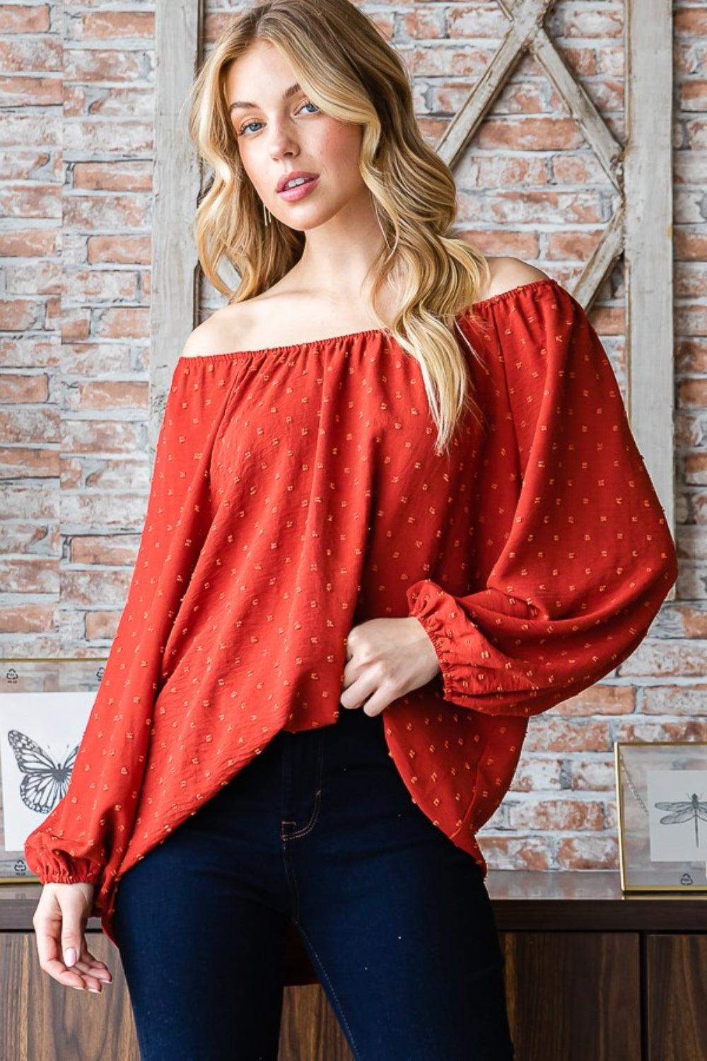 Heimish Full Size Swiss Dot Off Shoulder Top - Divasha