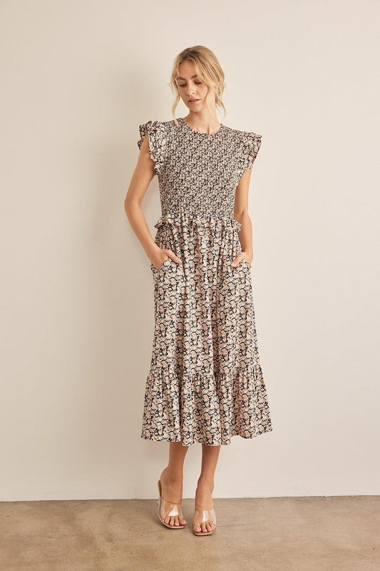 In February Floral Smocked Ruffled Midi Dress - Divasha