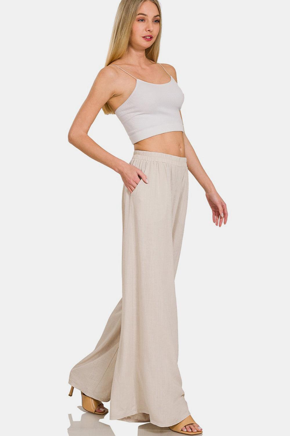 Zenana Pleated Linen Blend Wide Leg Pants - Divasha