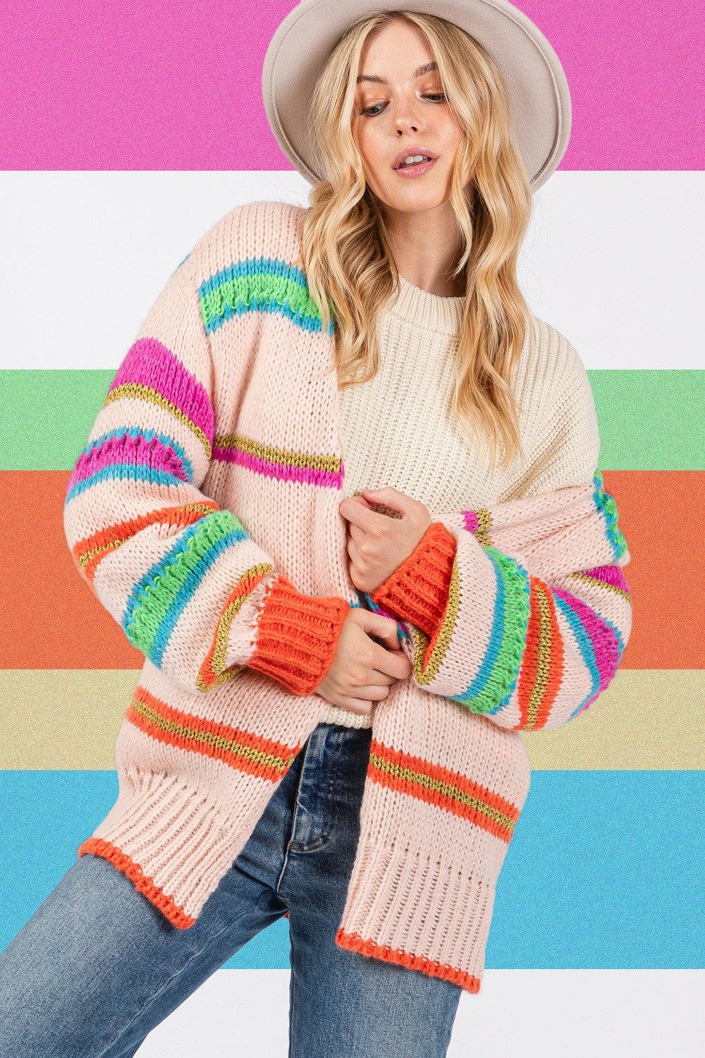 SAGE + FIG Rainbow Striped Open Front Knit Cardigan - Divasha