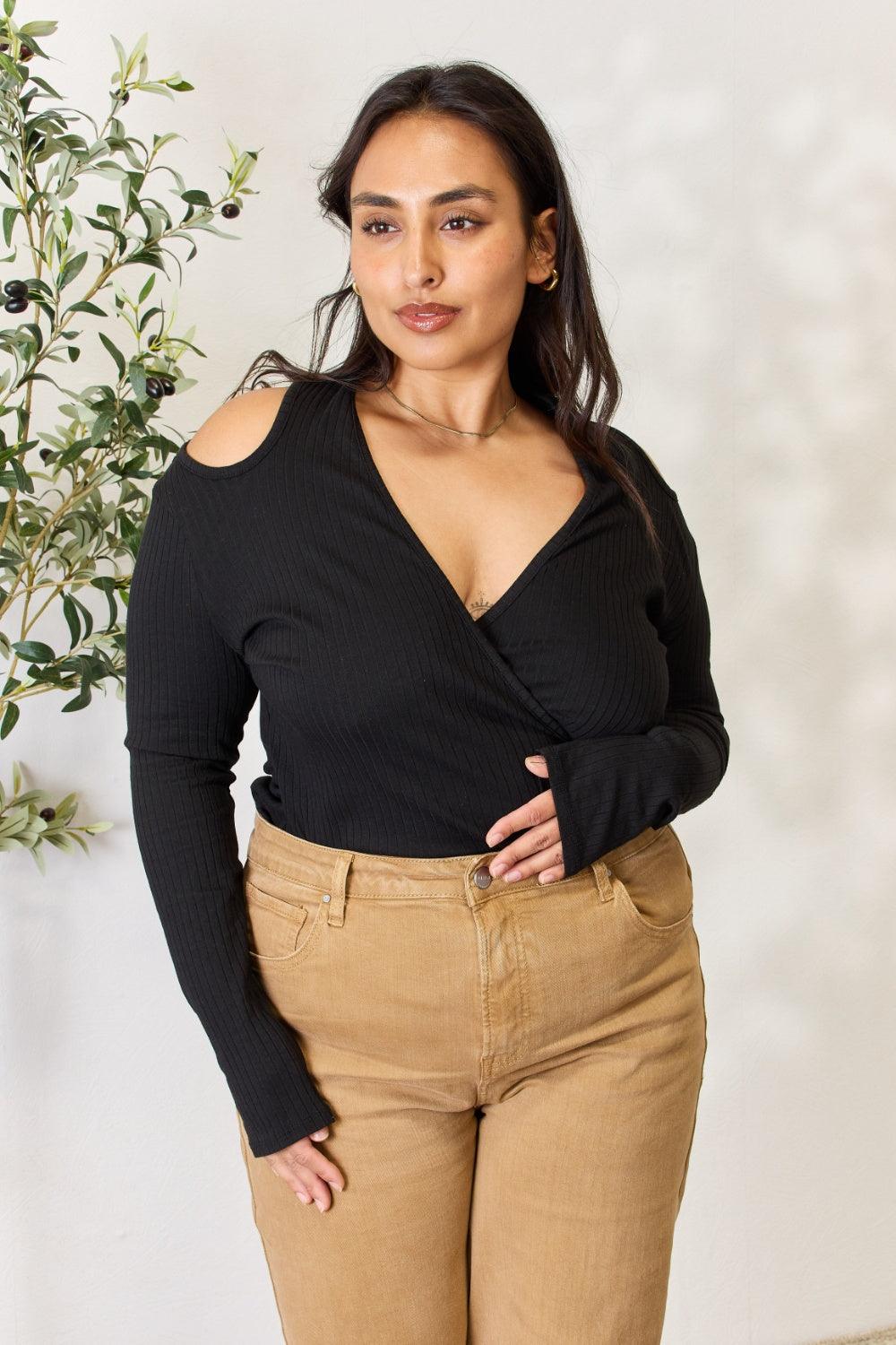 Culture Code Full Size Ribbed Surplice Cold Shoulder Top - Divasha