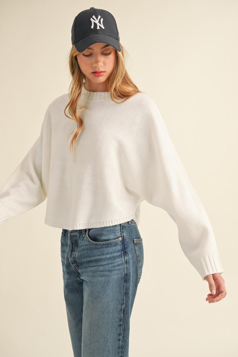 Mable Round Neck Dolman Sleeve Cropped Sweater - Divasha