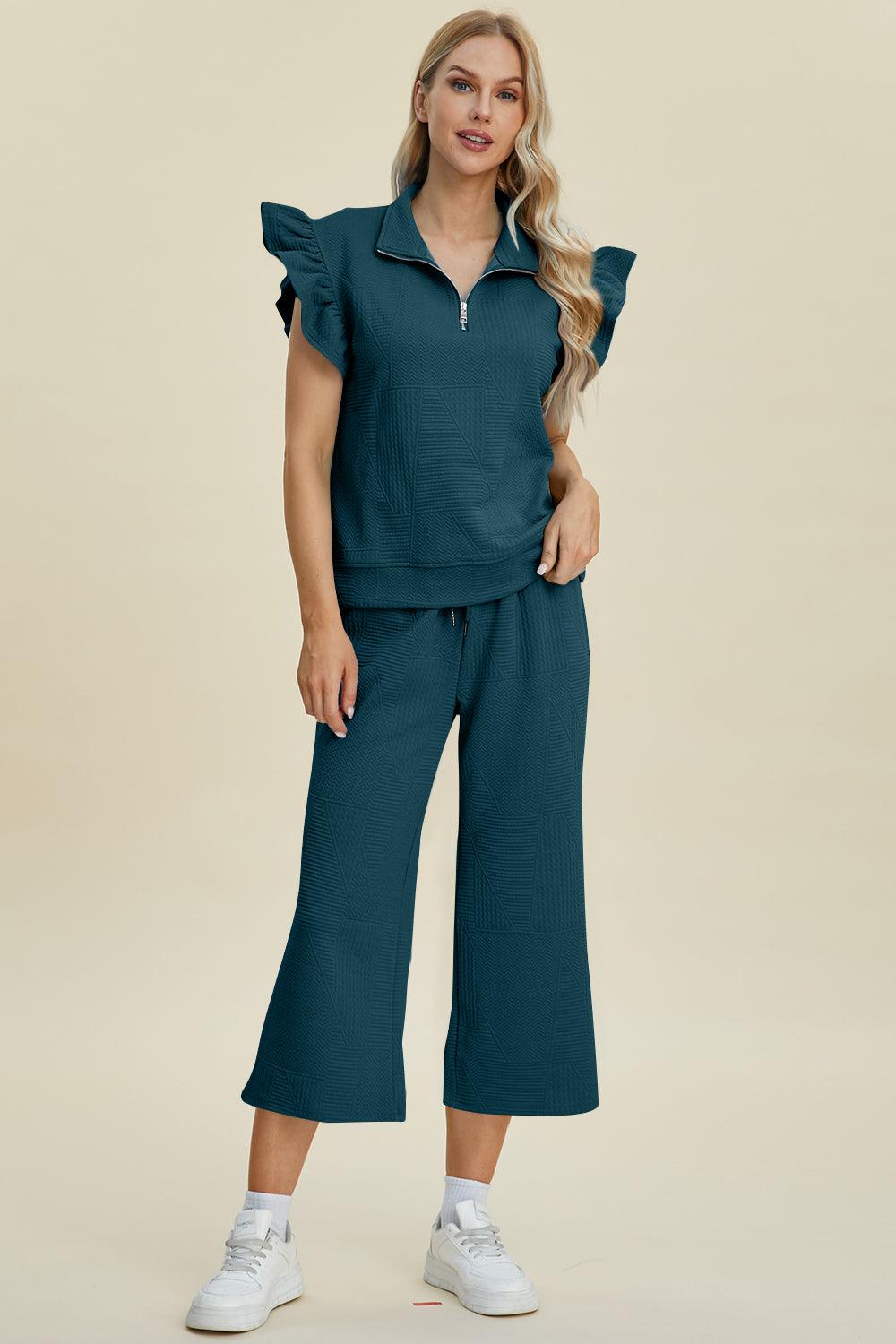 Double Take Full Size Texture Ruffle Short Sleeve Top and Wide Leg Pants Set - Divasha