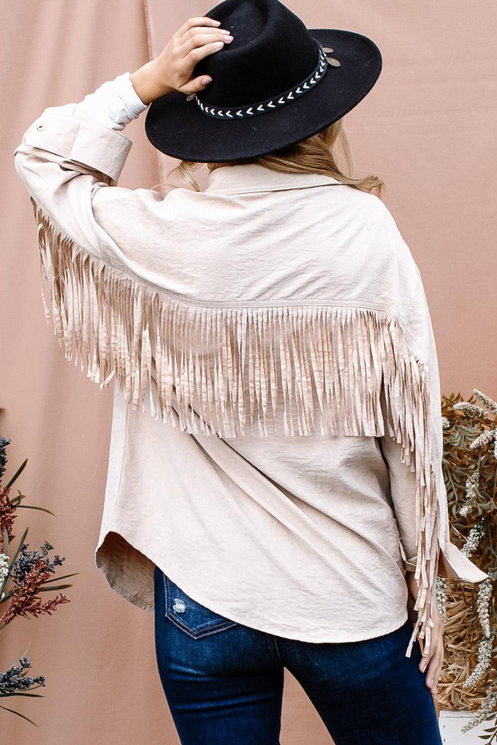 And The Why Full Size Fringe Back Detailed Button Down Shacket - Divasha