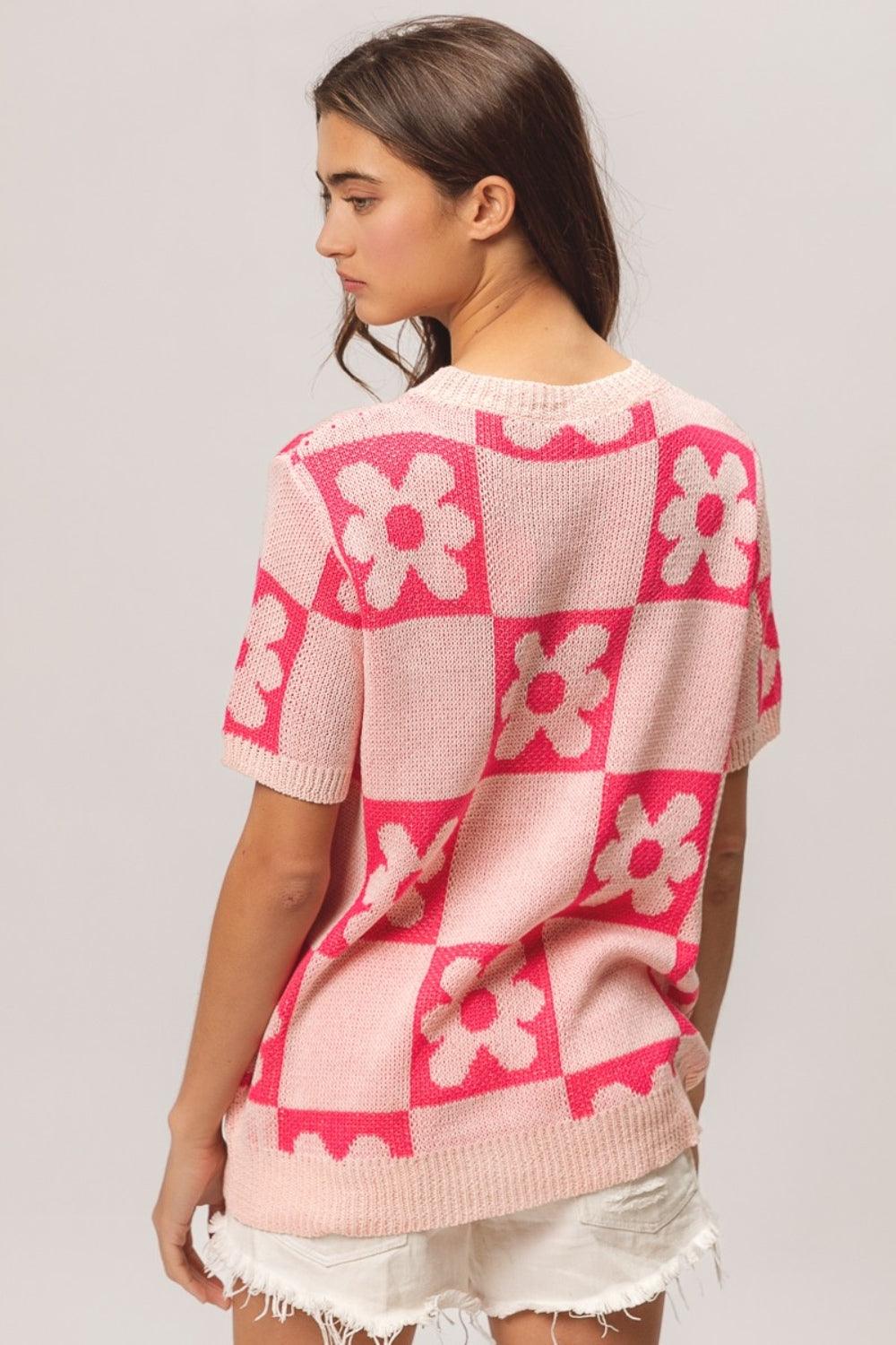 BiBi Flower Checker Pattern Short Sleeve Sweater - Divasha