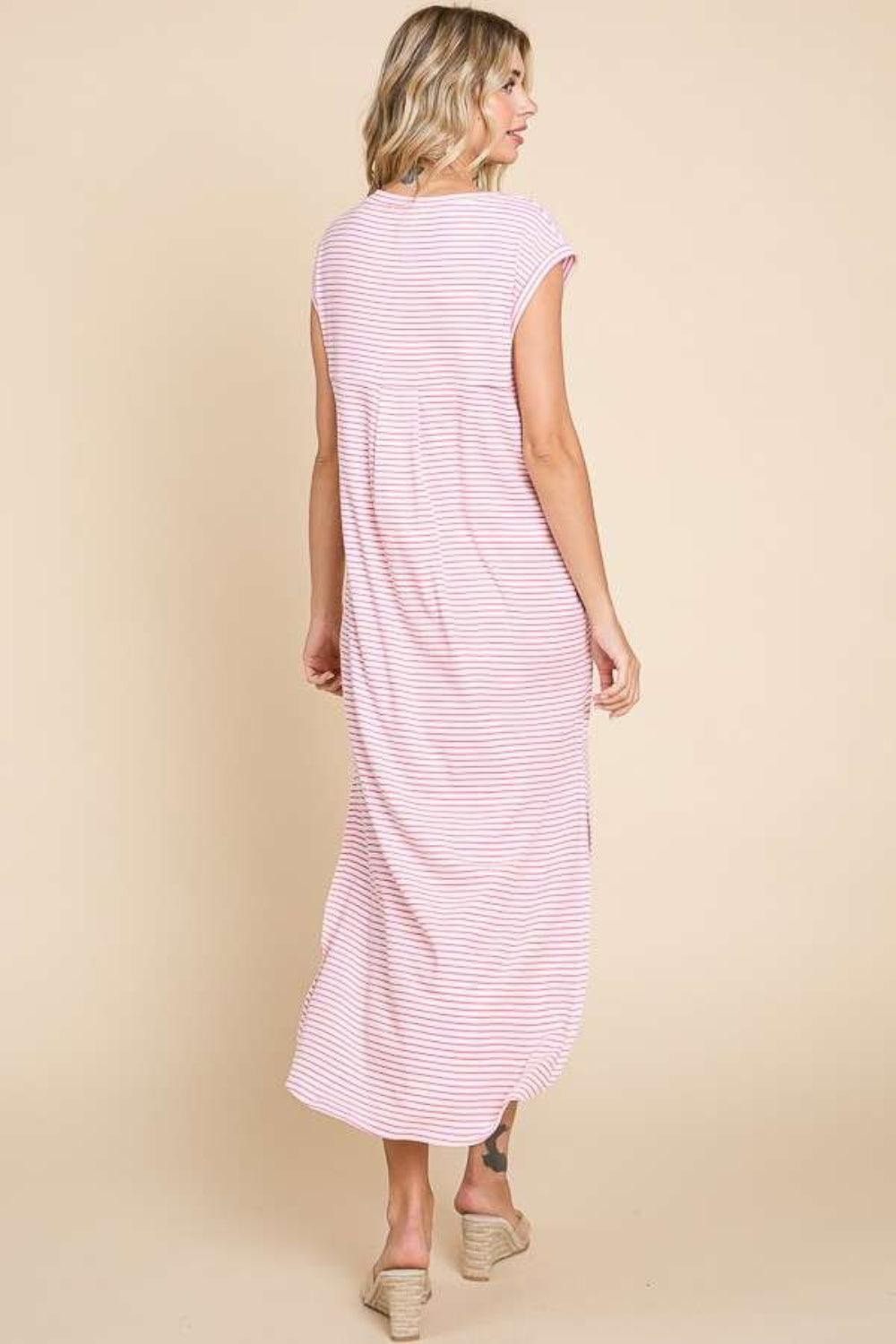 Culture Code Full Size Striped V-Neck Slit Dress with Pockets - Divasha