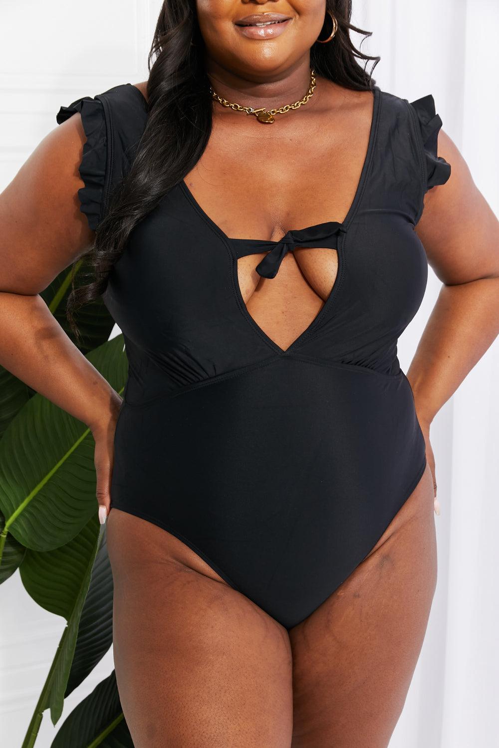 Marina West Swim Seashell Ruffle Sleeve One-Piece in Black - Divasha