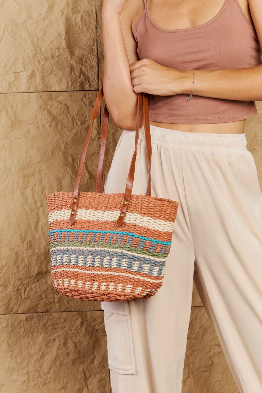 Fame By The Sand Straw Braided Striped Tote Bag - Divasha