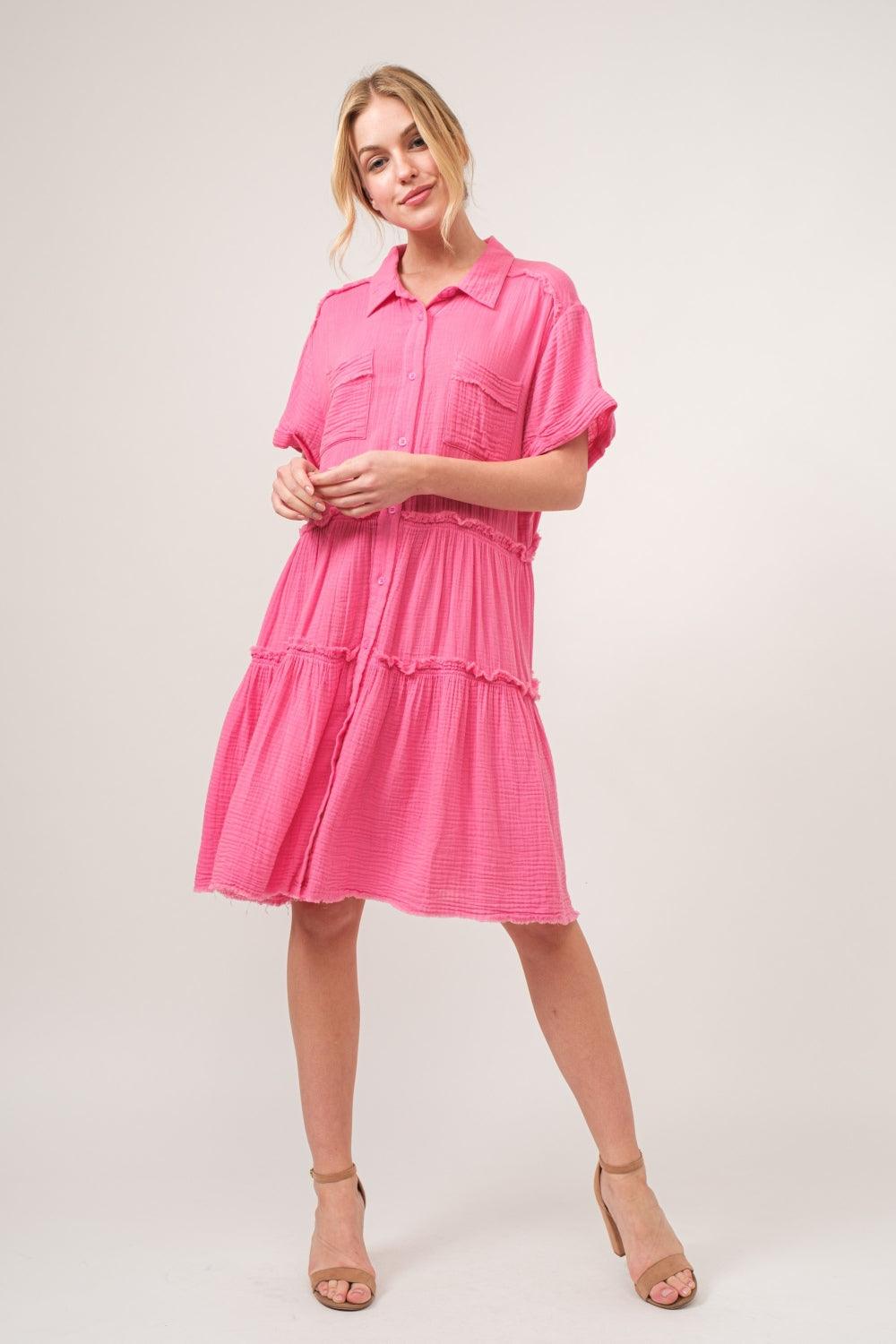 And The Why Full Size Raw Edge Washed Tiered Shirt Dress - Divasha