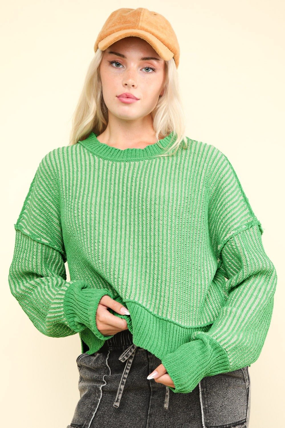 VERY J Exposed Seam Cropped Striped Slit Sweater