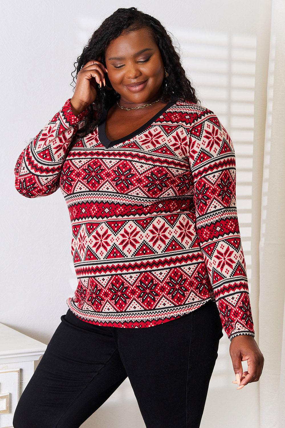 Heimish Full Size Snowflake Print Long Sleeve Top - Divasha