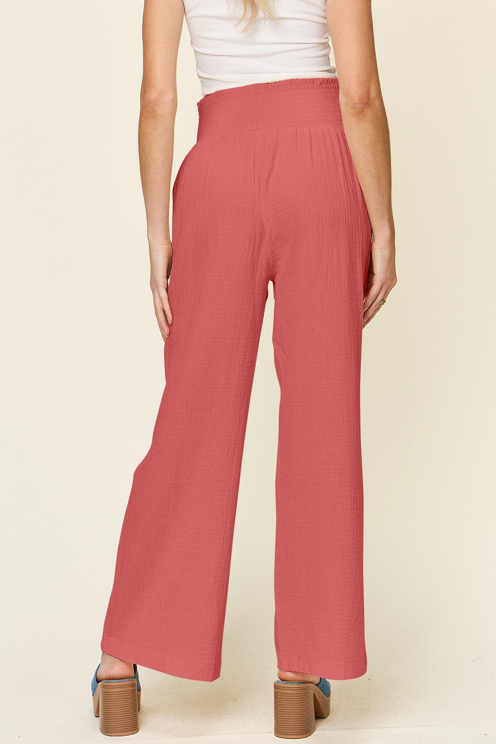 Double Take Full Size Texture Smocked Waist Wide Leg Pants - Divasha