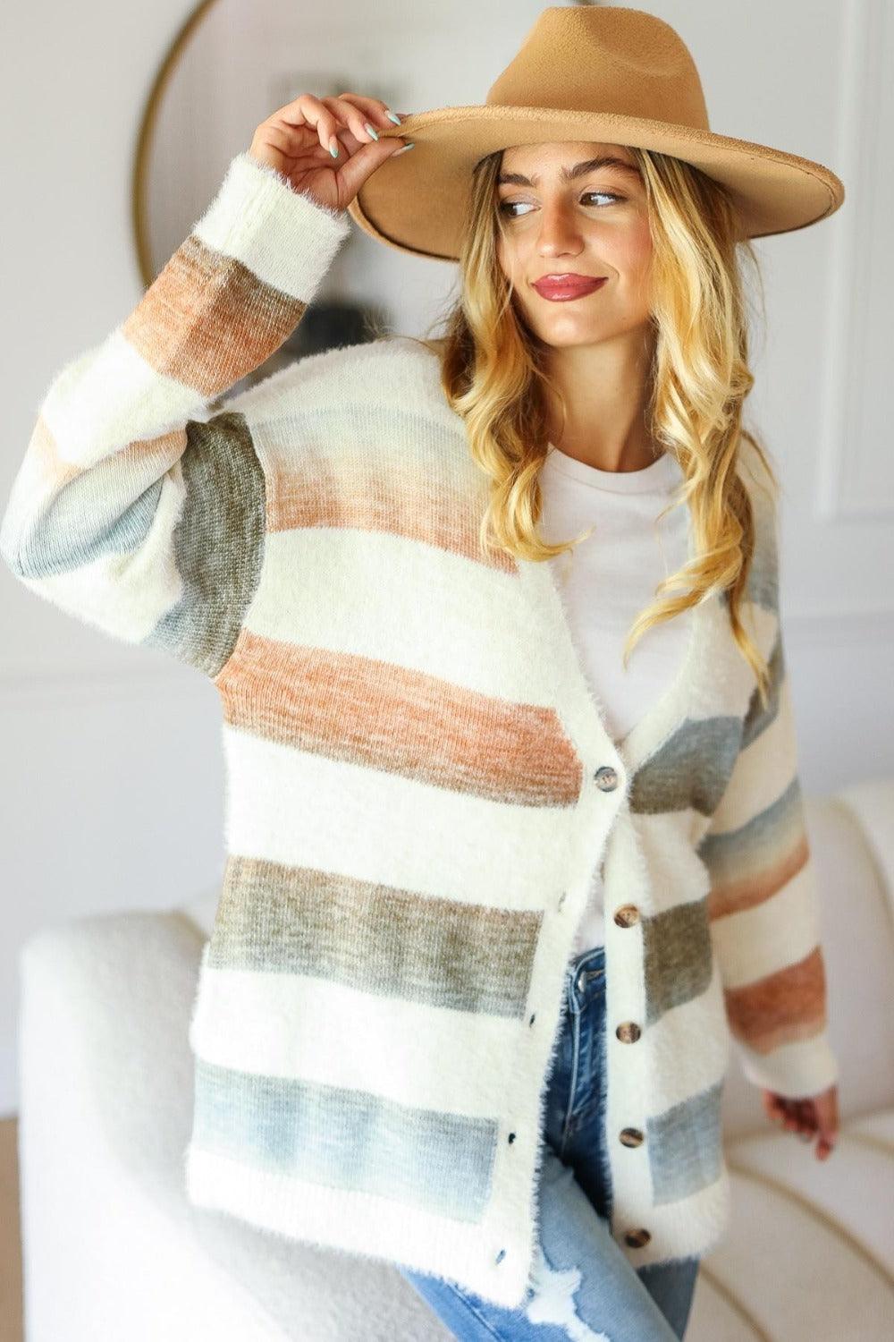 Haptics Full Size Button Down Stripe Soft Fuzzy Sweater Cardigan - Divasha