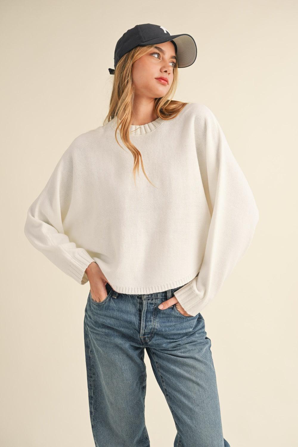 Mable Round Neck Dolman Sleeve Cropped Sweater - Divasha