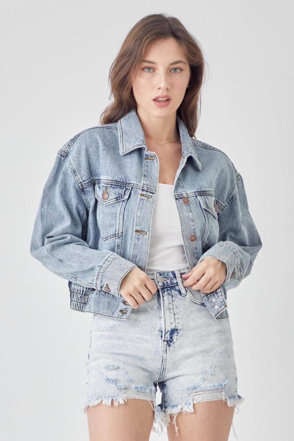 RISEN Full Size Button Down Cropped Denim Jacket - Divasha