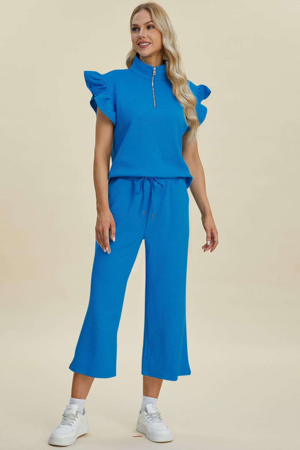 Double Take Full Size Texture Ruffle Short Sleeve Top and Wide Leg Pants Set - Divasha