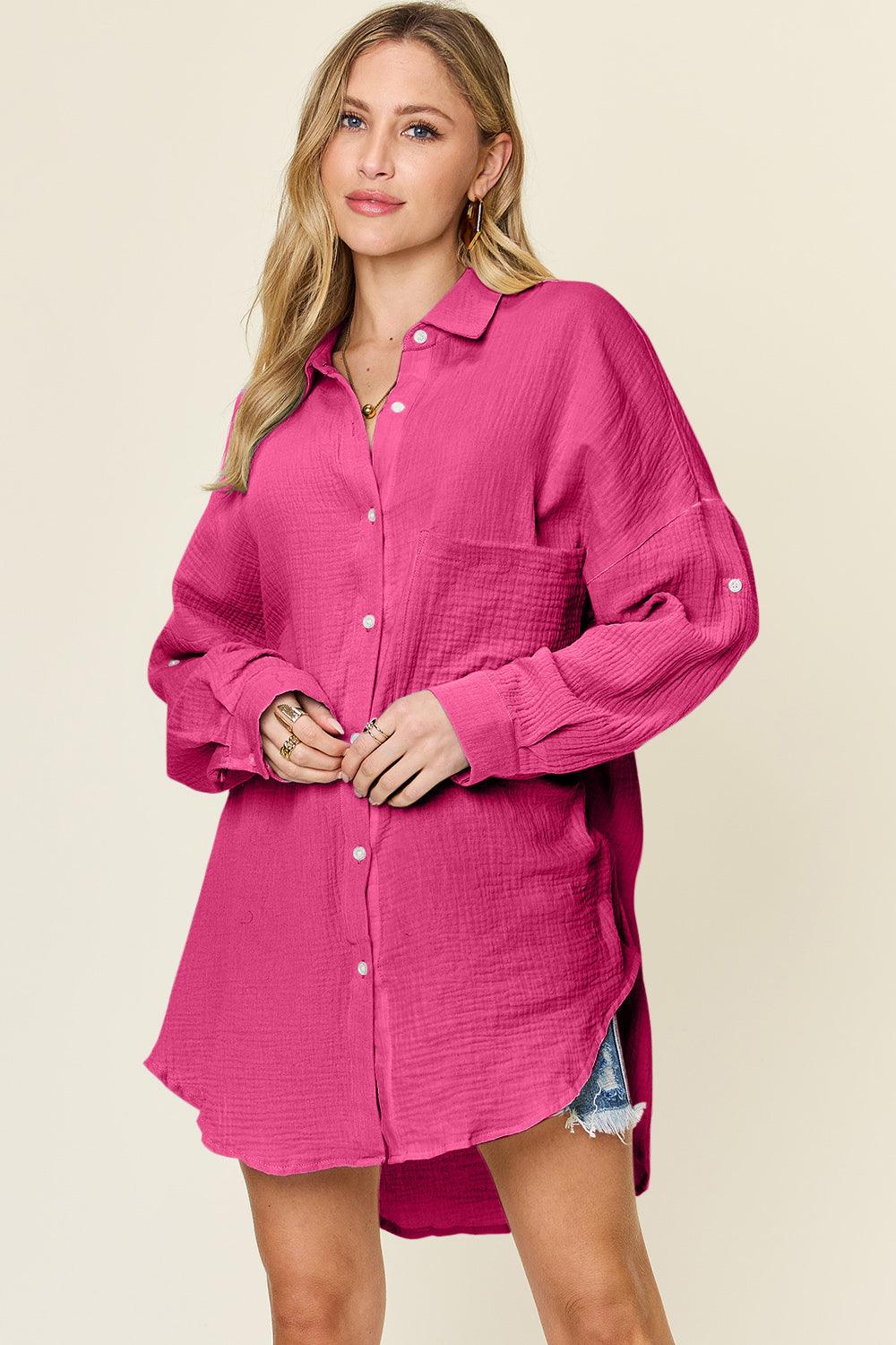 Double Take Full Size Pocketed Texture Button Up Shirt - Divasha