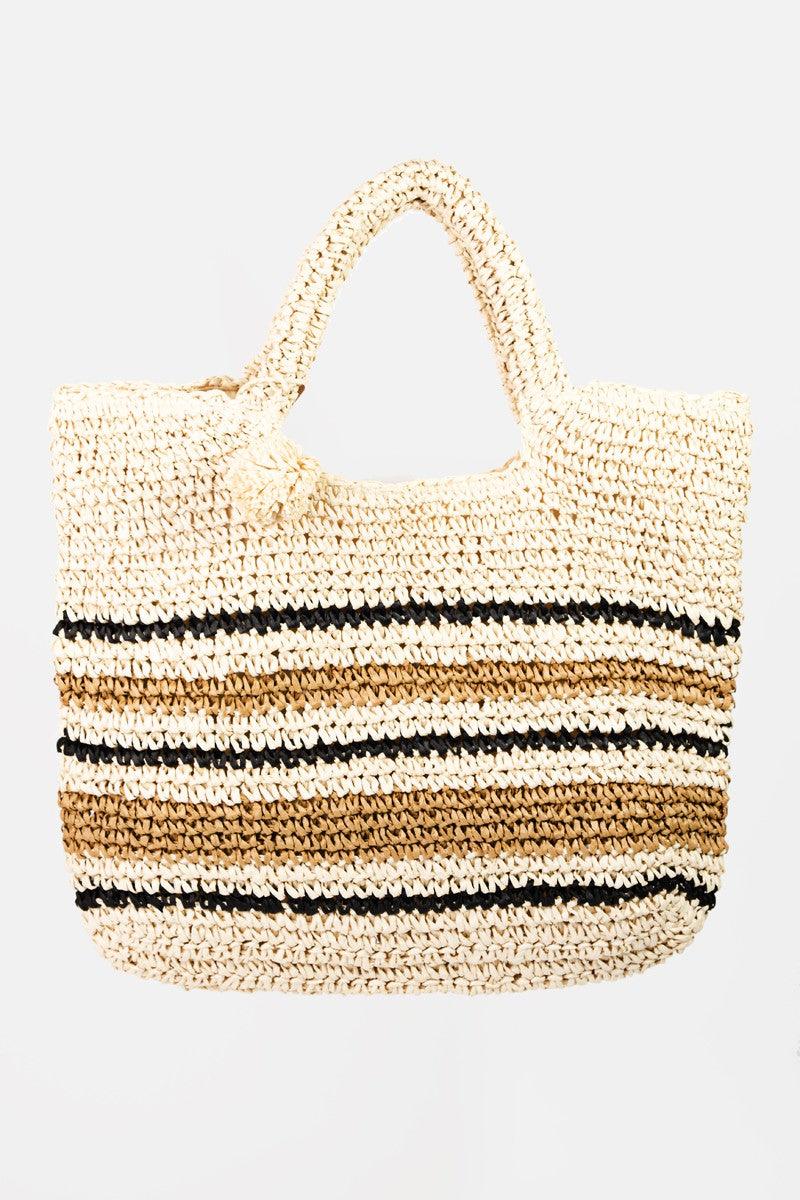 Fame Striped Straw Braided Tote Bag - Divasha