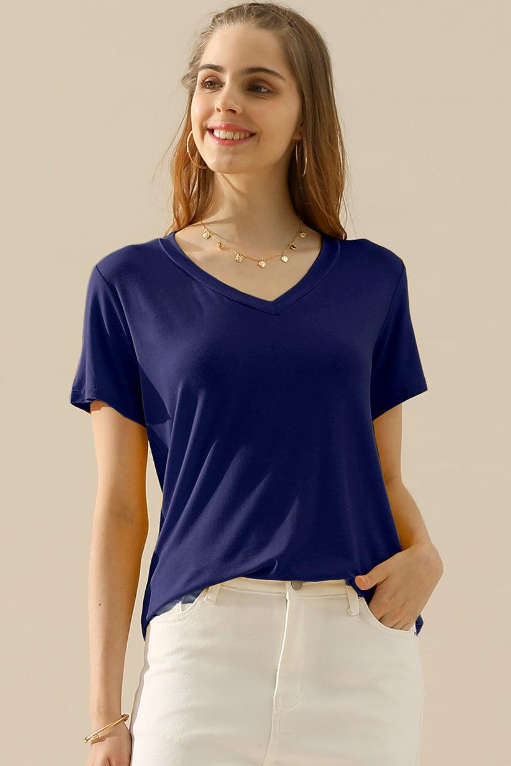 Ninexis Full Size V-Neck Short Sleeve T-Shirt - Divasha