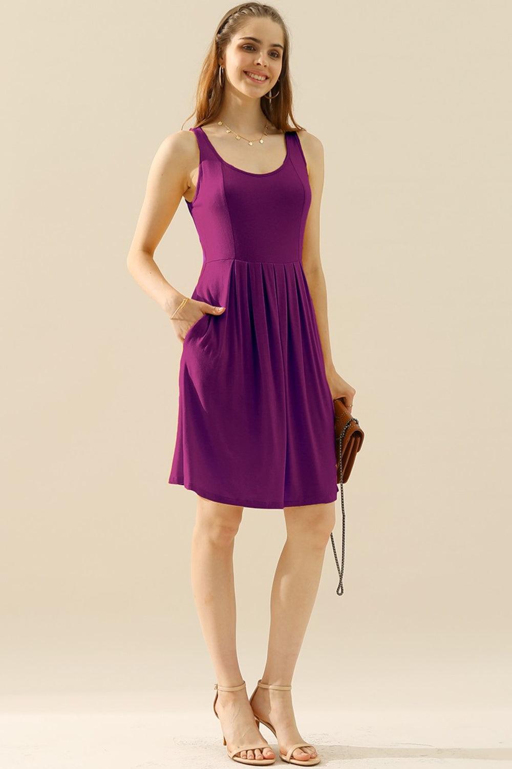 Doublju Full Size Round Neck Ruched Sleeveless Dress with Pockets - Divasha