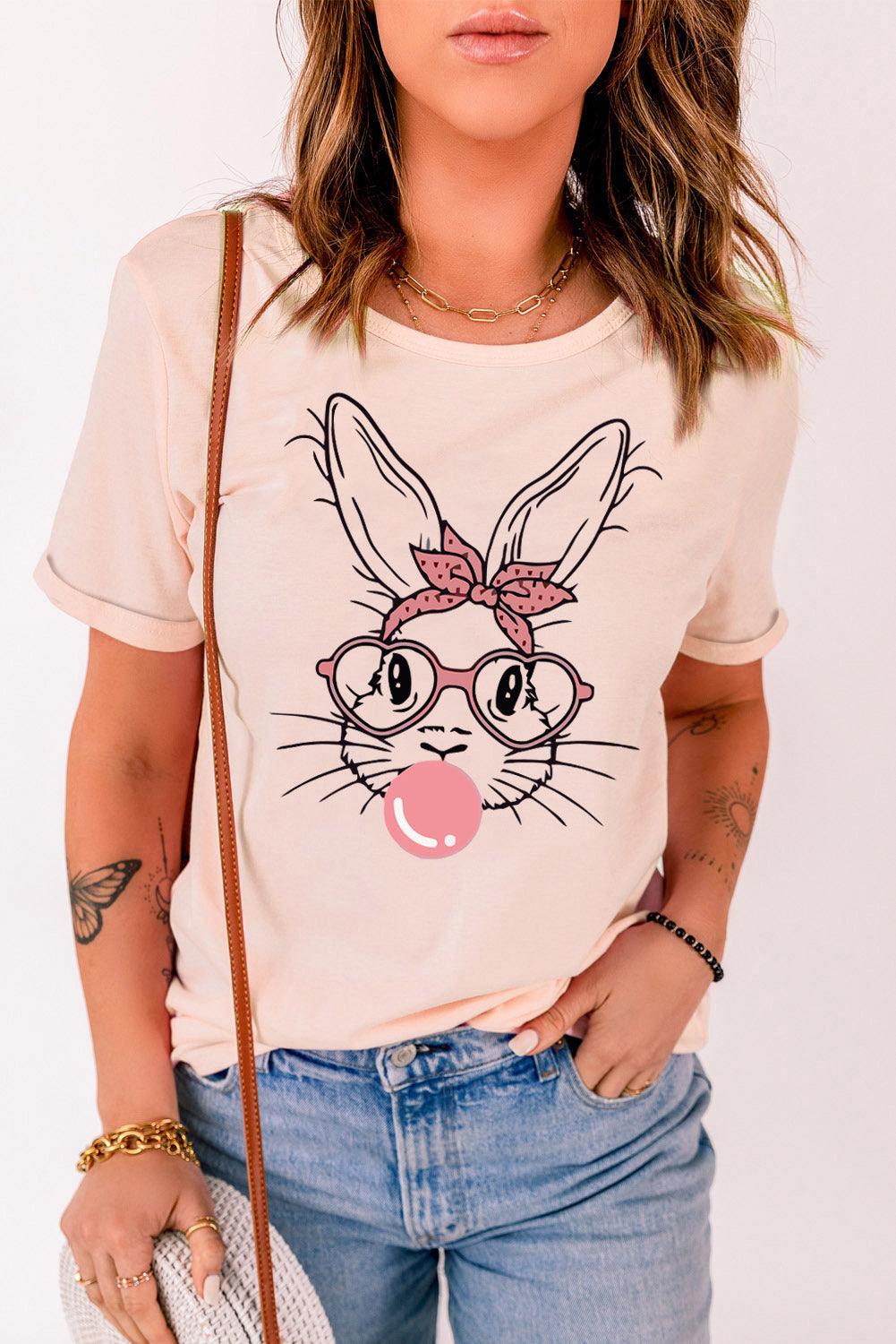 Rabbit Graphic Round Neck Short Sleeve T-Shirt - Divasha