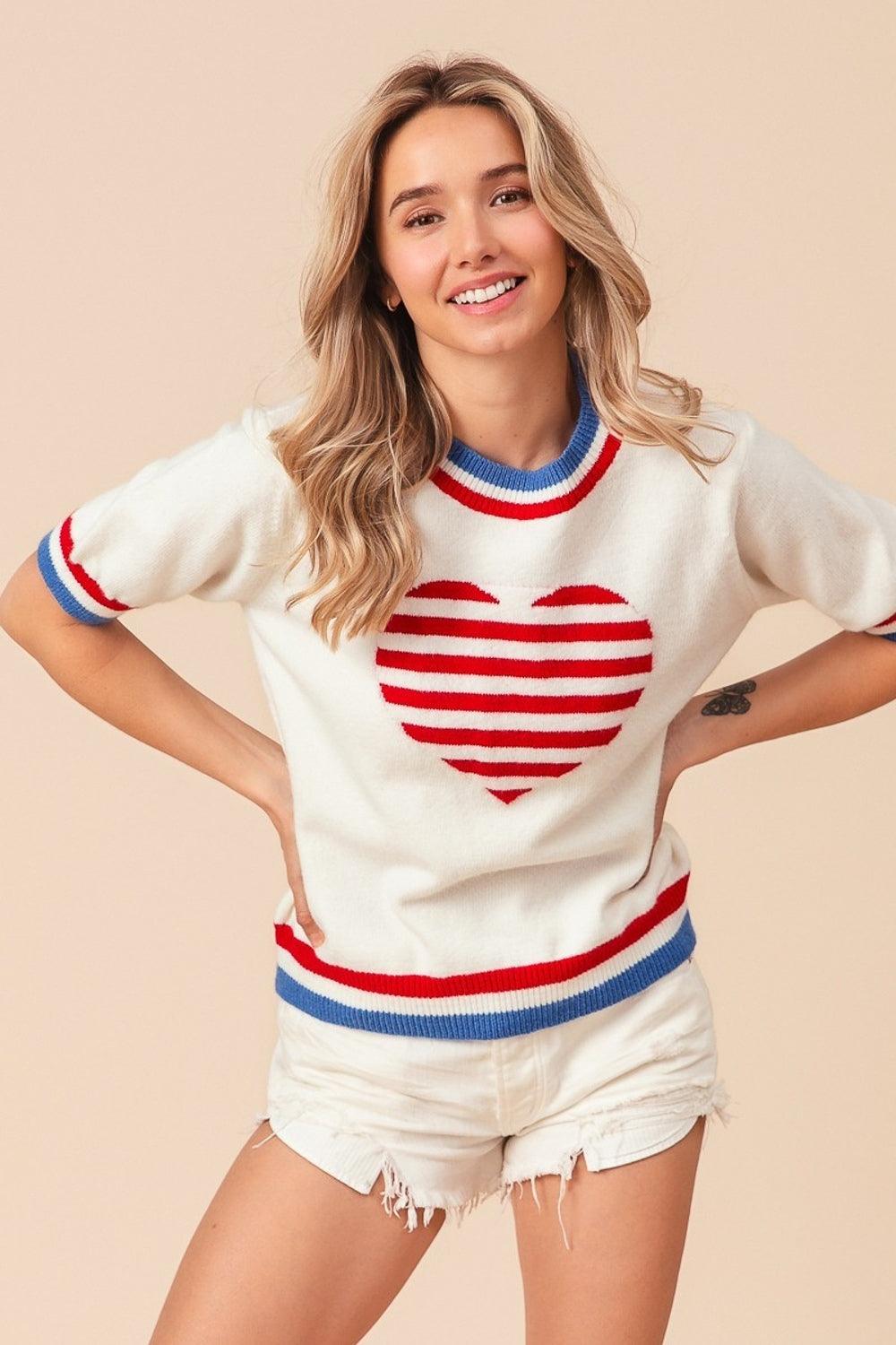 BiBi US Flag Theme Striped Heart Sweater - Divasha