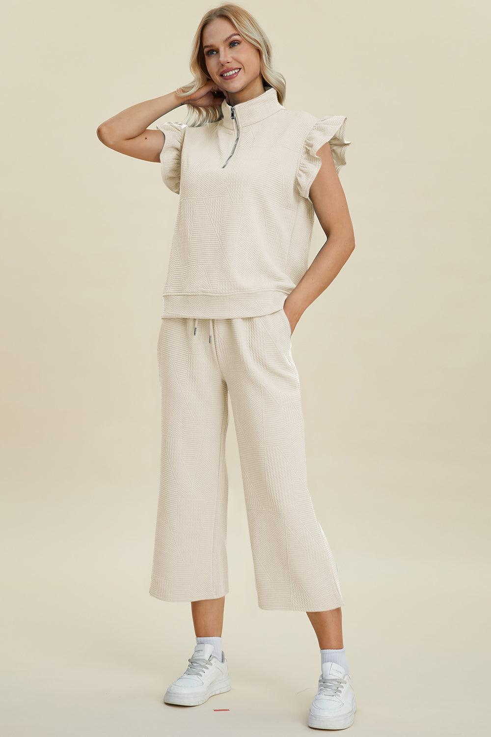 Double Take Full Size Texture Ruffle Short Sleeve Top and Wide Leg Pants Set - Divasha