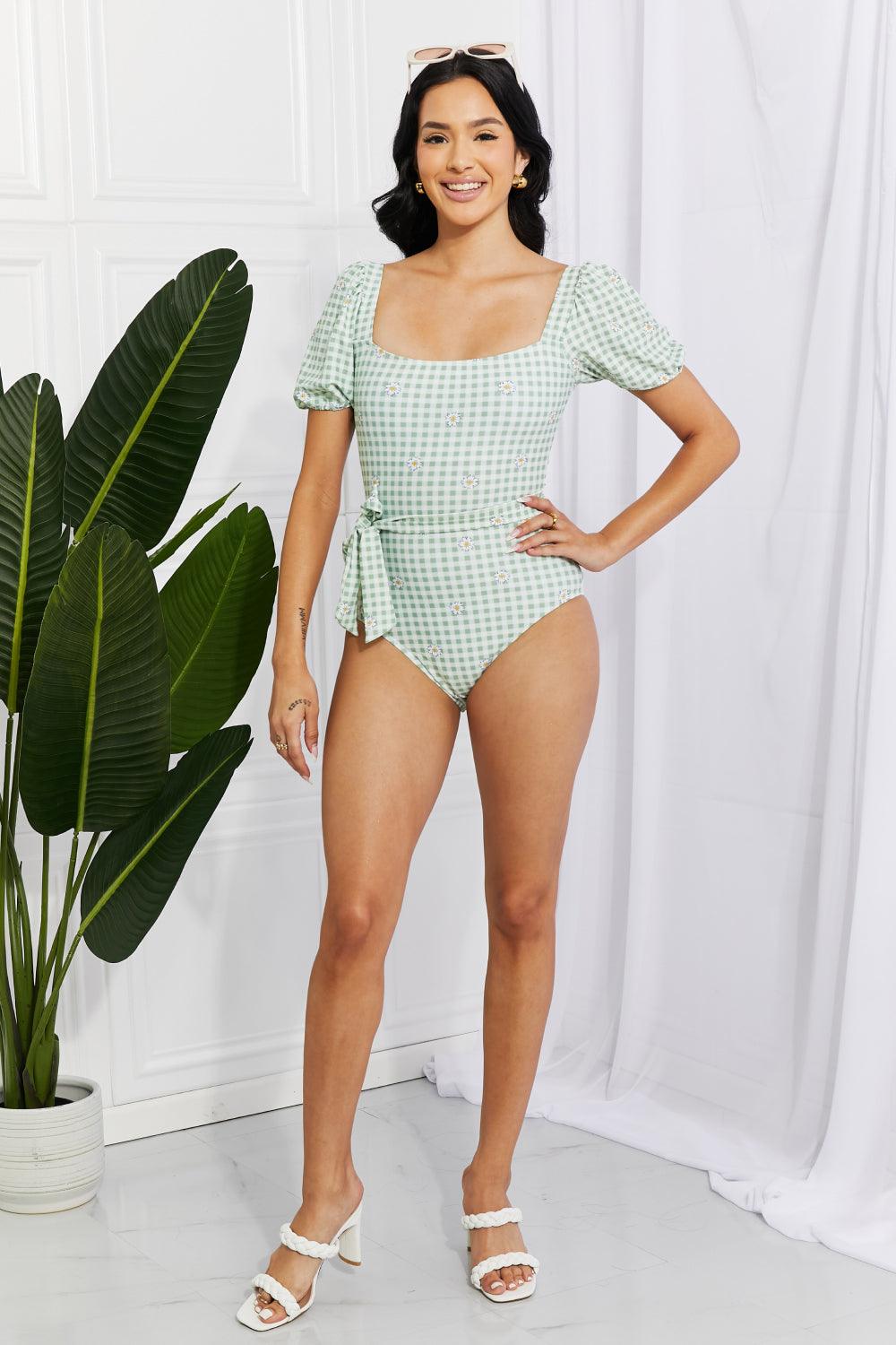 Marina West Swim Salty Air Puff Sleeve One-Piece in Sage - Divasha