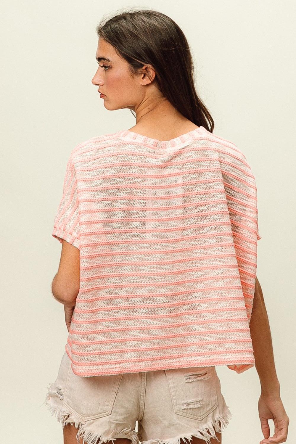 BiBi Braid Striped Short Sleeve Round Neck T-Shirt - Divasha