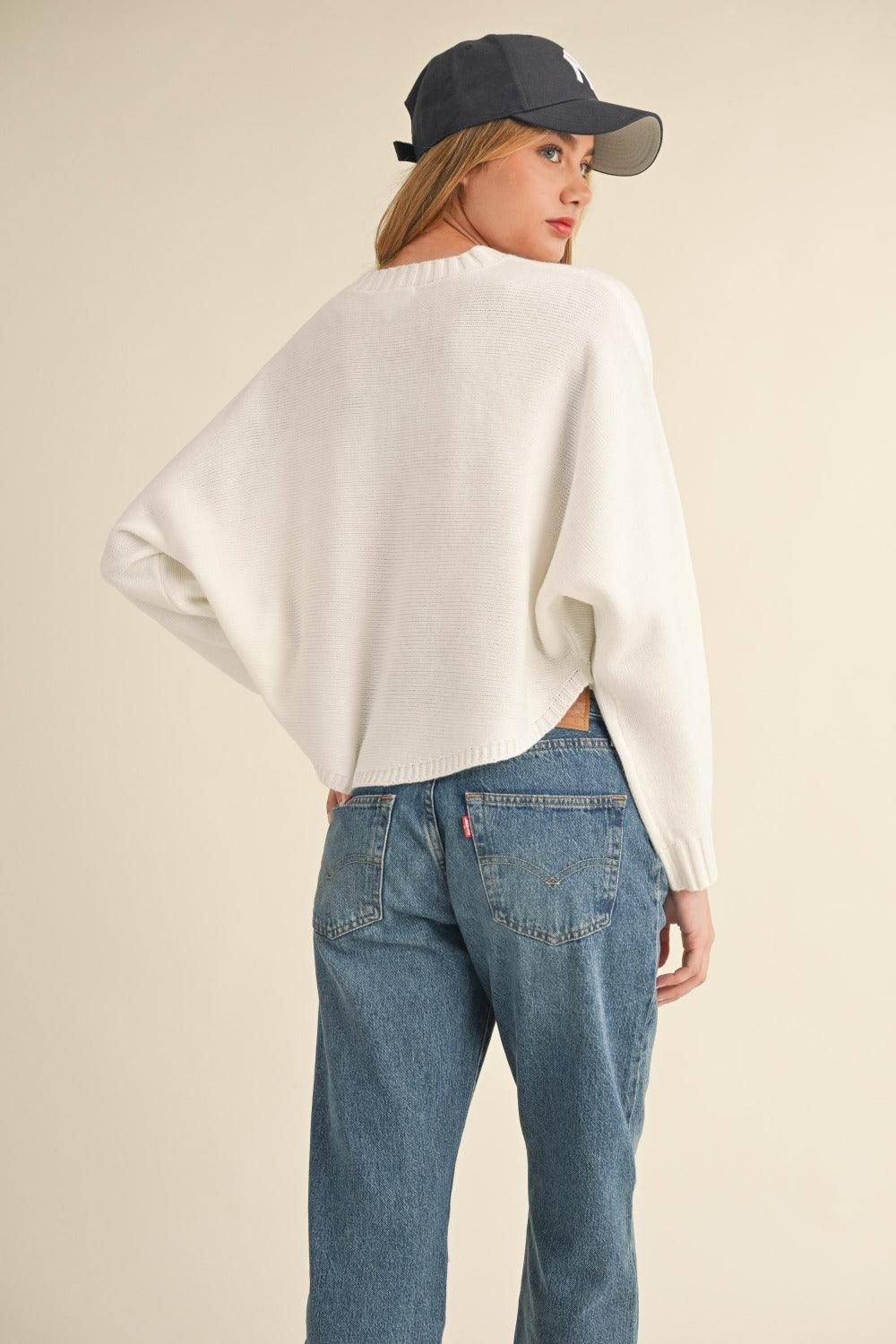 Mable Round Neck Dolman Sleeve Cropped Sweater - Divasha