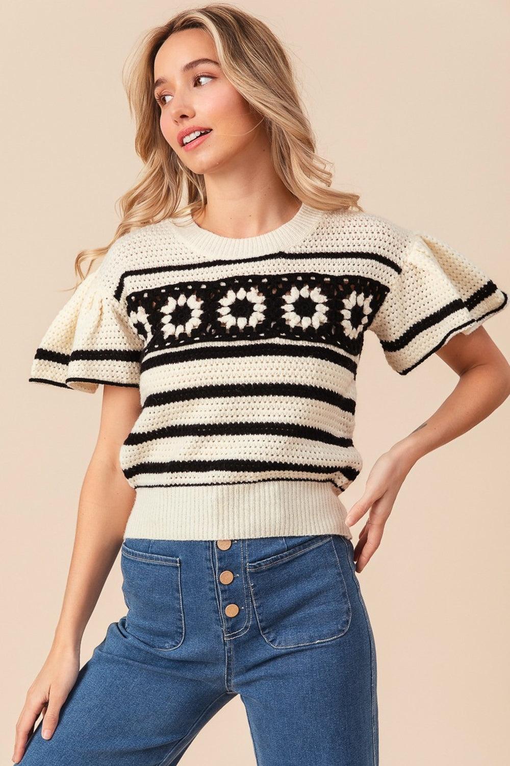 BiBi Granny Square Short Sleeve Striped Sweater - Divasha