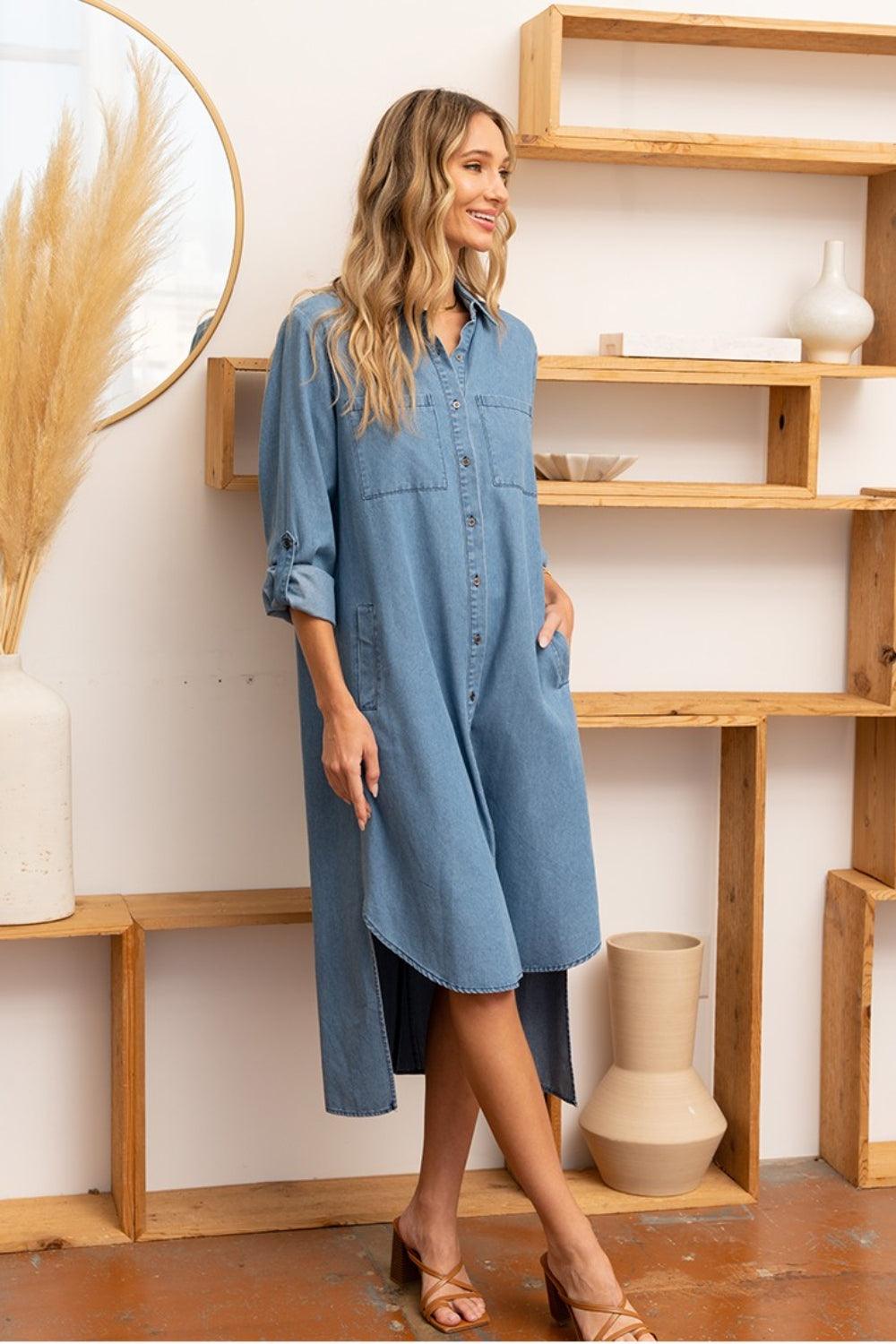 Sew In Love High-Low Button Up Roll-Tab Sleeve Denim Dress - Divasha