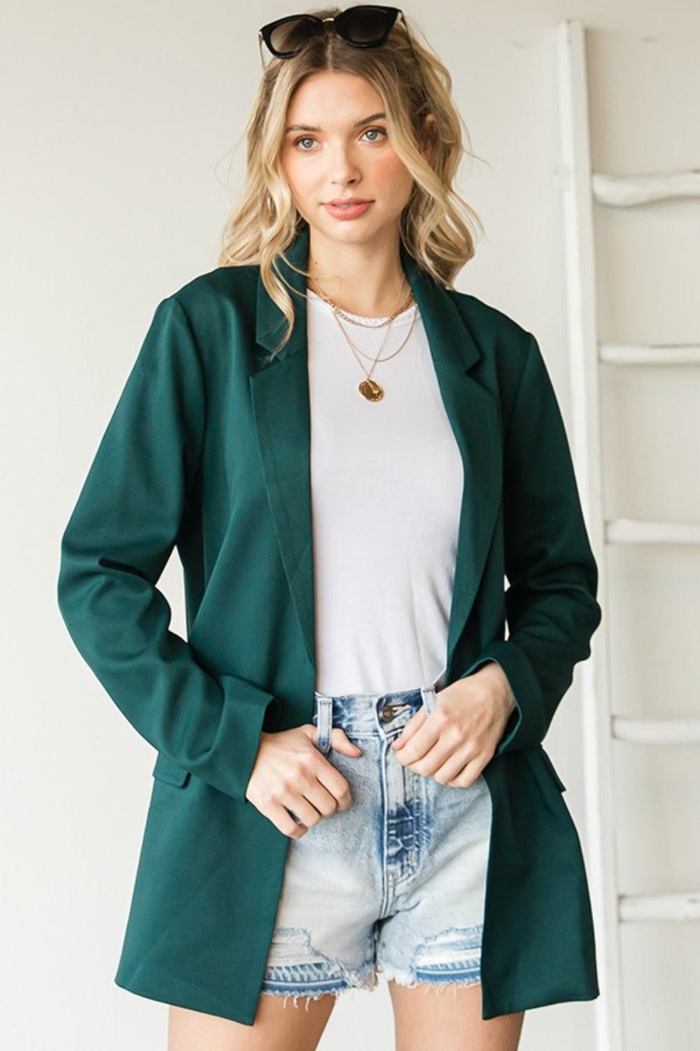 First Love Full Size Open Front Long Sleeve Blazer with Pockets - Divasha