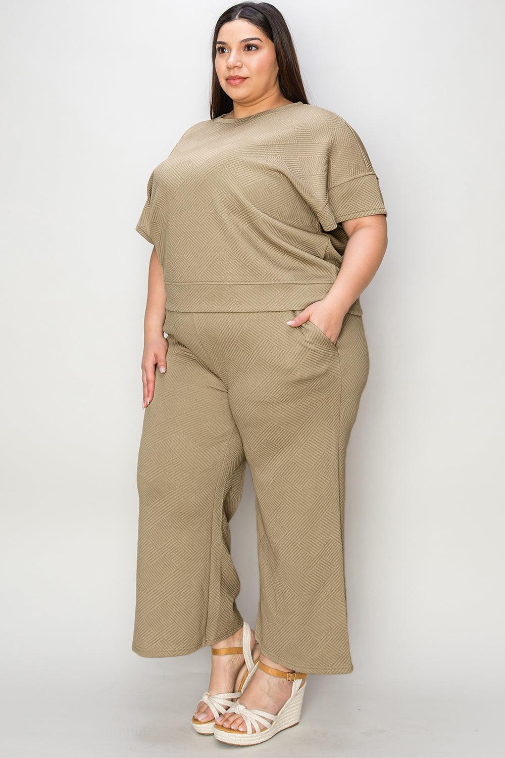 Double Take Full Size Texture Short Sleeve Top and Pants Set - Divasha