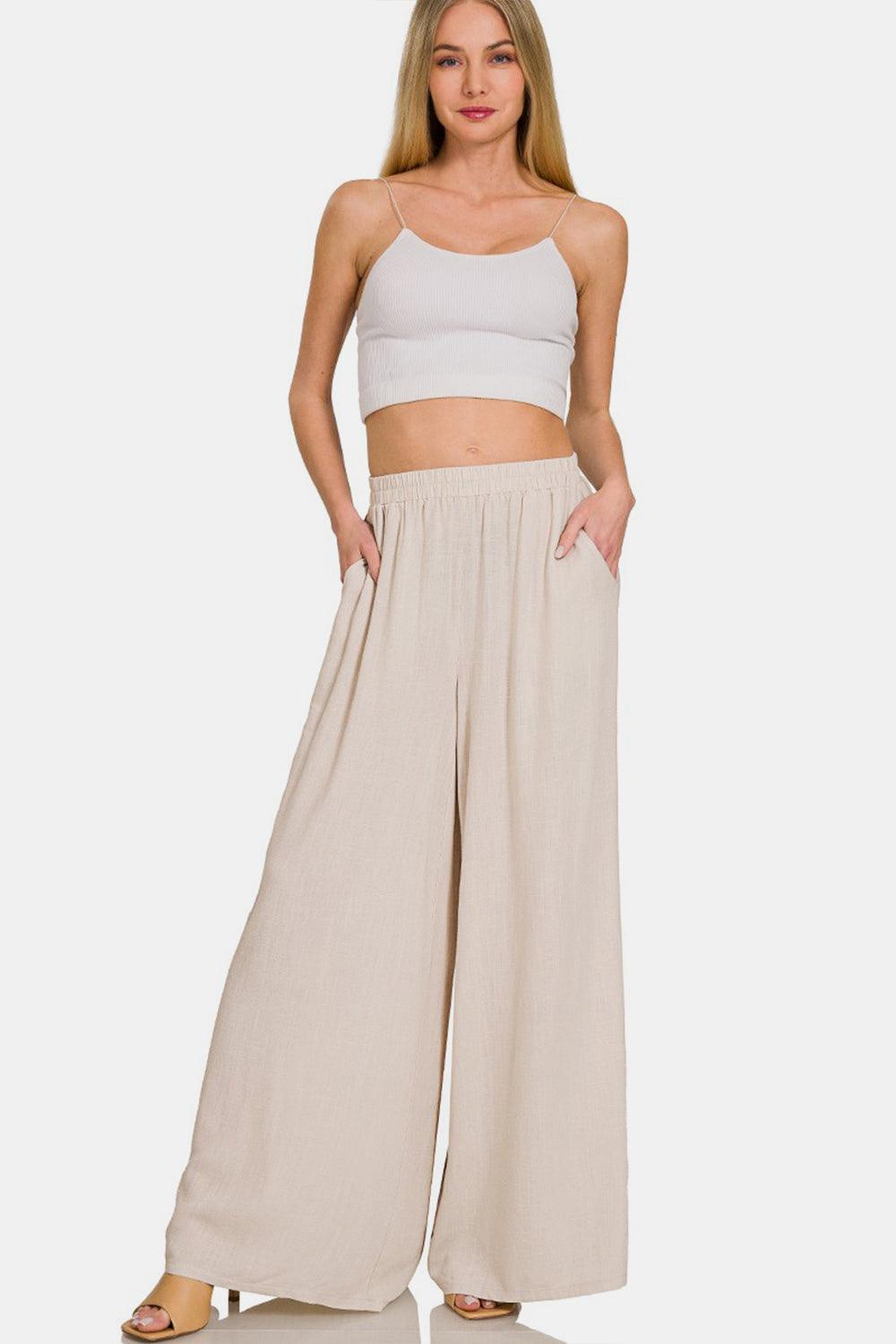 Zenana Pleated Linen Blend Wide Leg Pants - Divasha