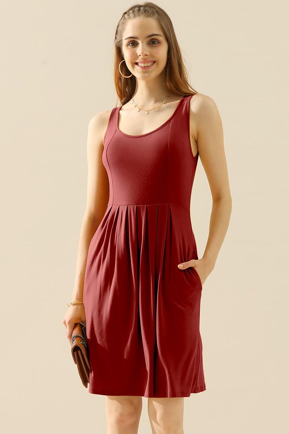 Doublju Full Size Round Neck Ruched Sleeveless Dress with Pockets - Divasha