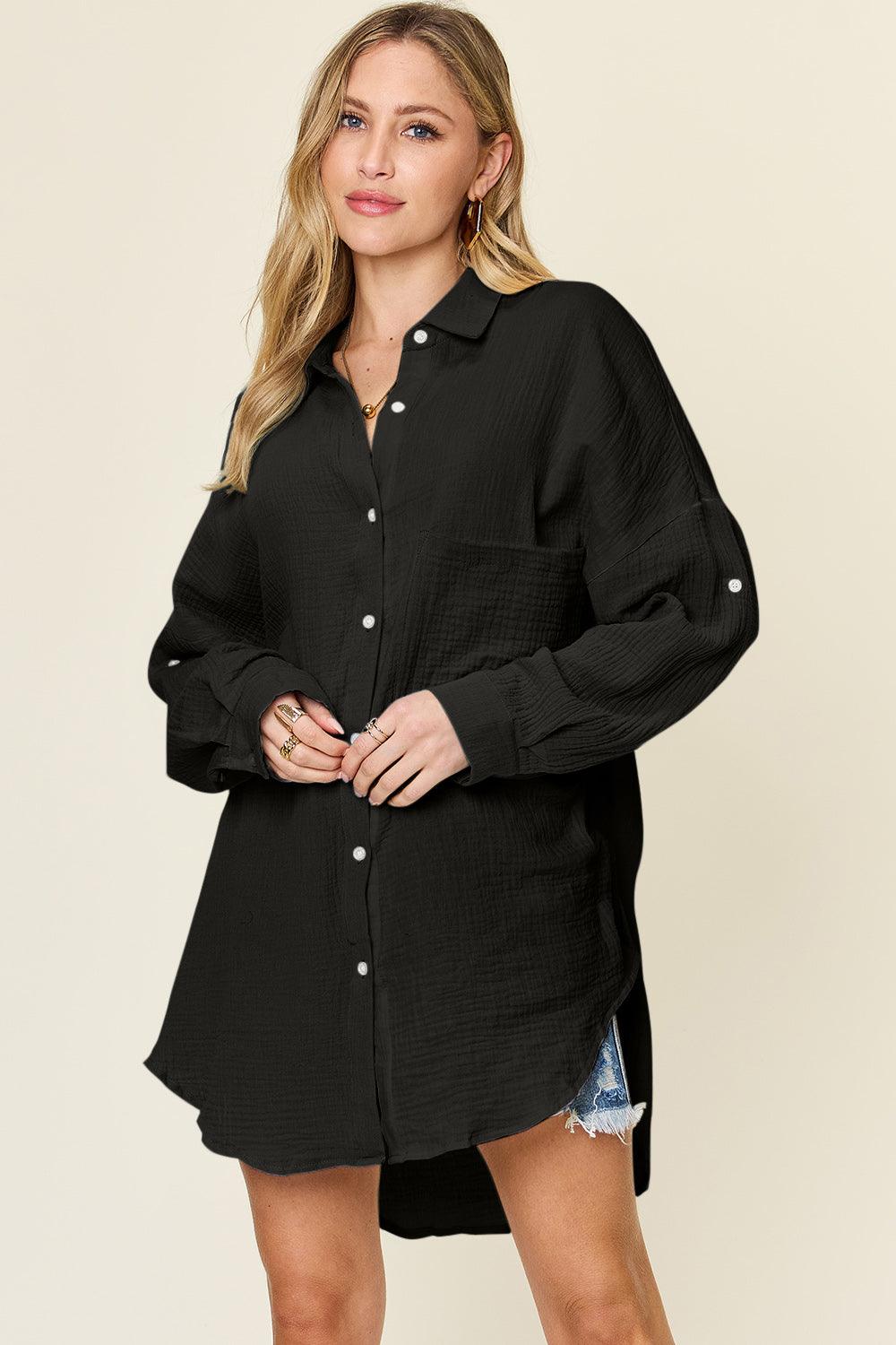 Double Take Full Size Pocketed Texture Button Up Shirt - Divasha