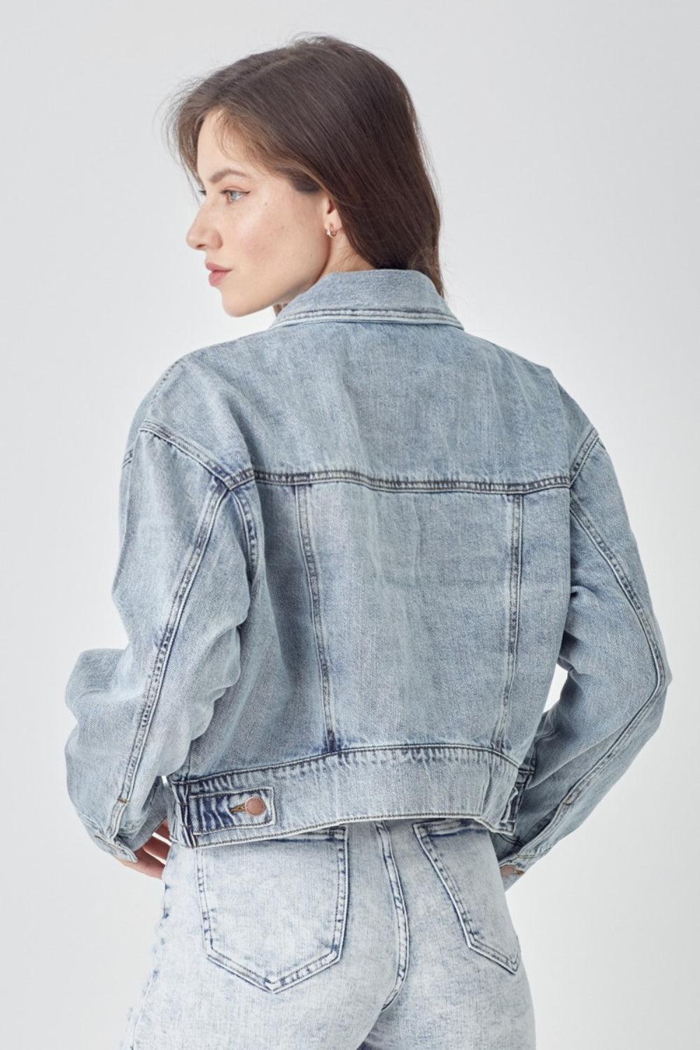 RISEN Full Size Button Down Cropped Denim Jacket - Divasha