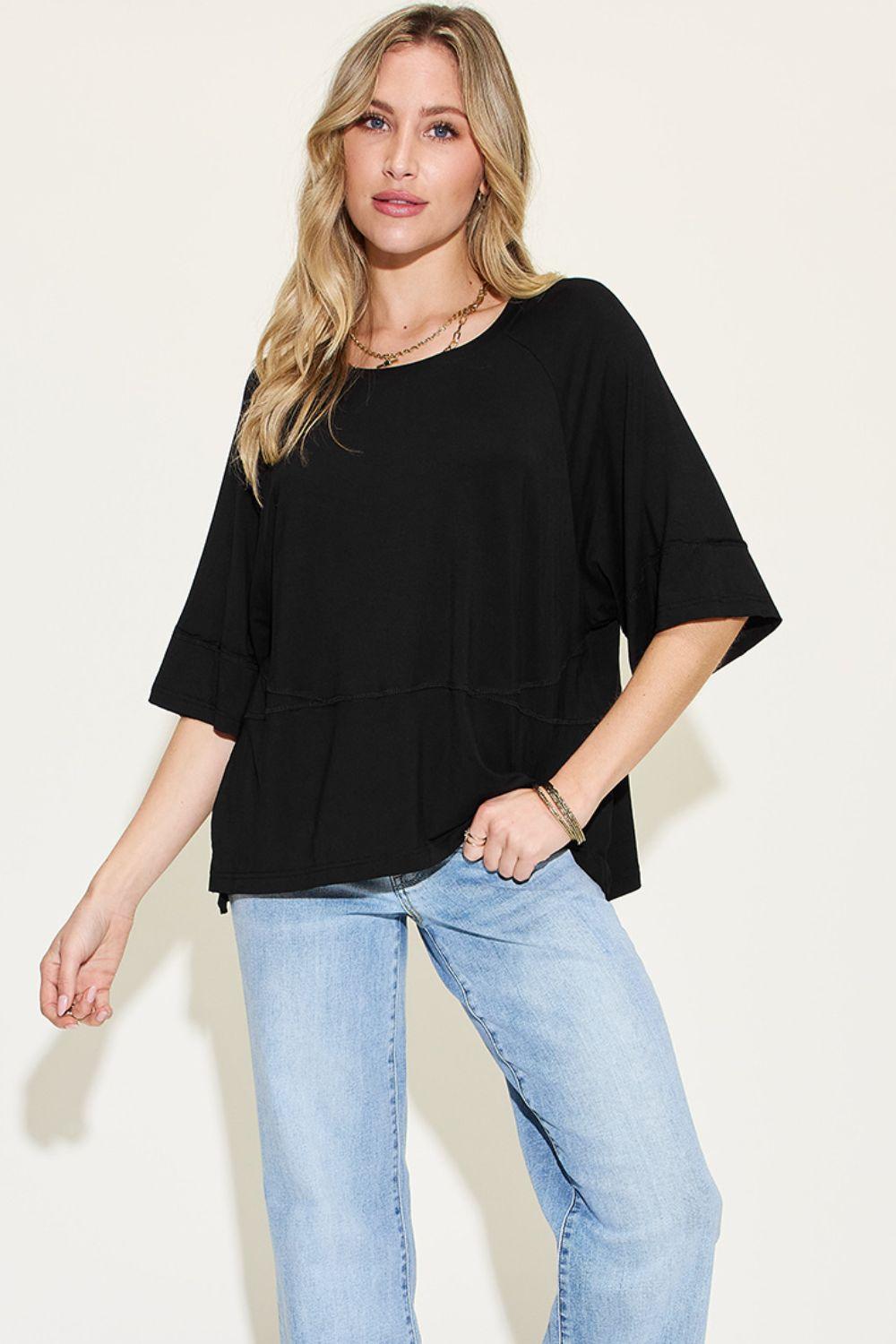 Basic Bae Full Size Bamboo Round Neck Exposed Seam T-Shirt - Divasha