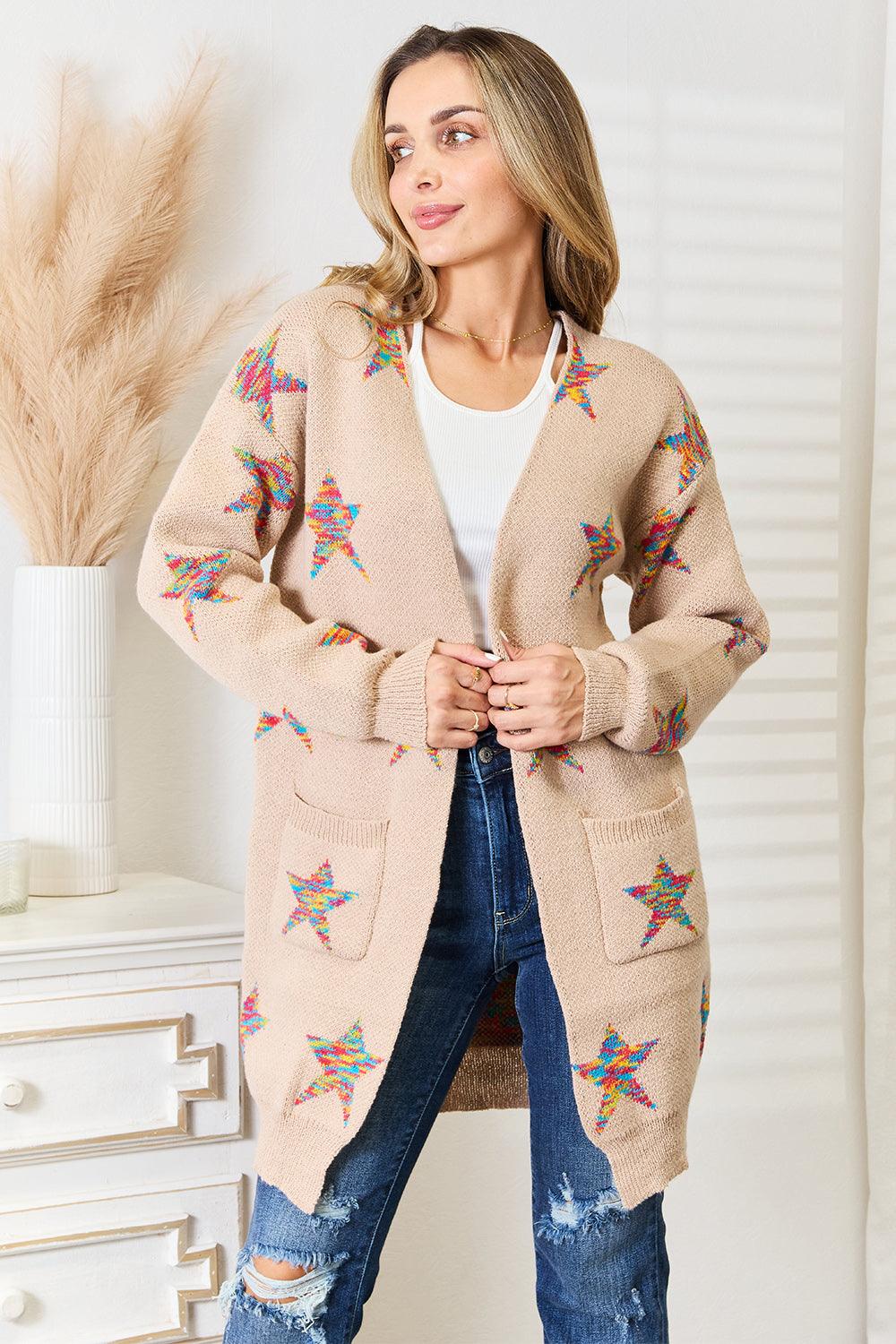 Angel Wings Star Pattern Open Front Longline Cardigan - Divasha