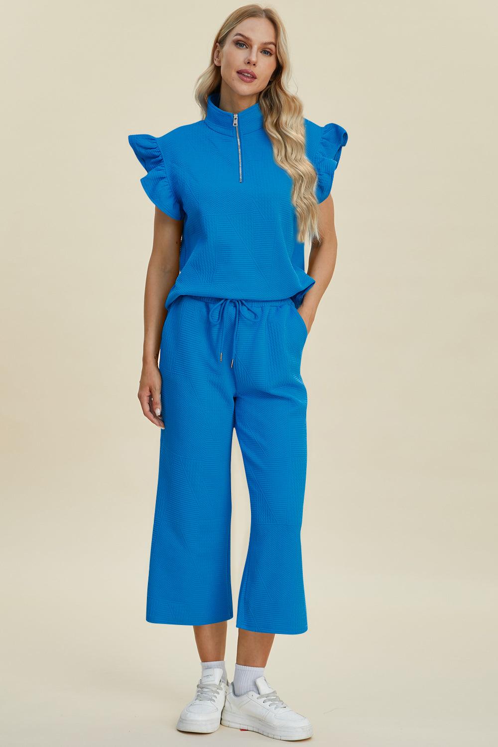 Double Take Full Size Texture Ruffle Short Sleeve Top and Wide Leg Pants Set - Divasha