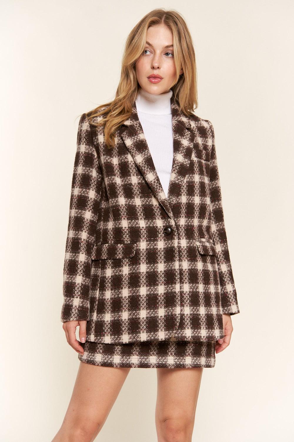 And The Why Full Size Plaid Brushed One Button Blazer - Divasha