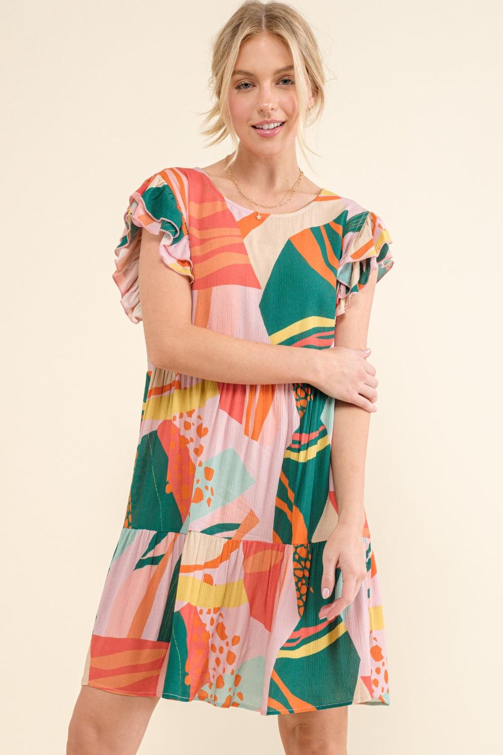 And The Why Printed Double Ruffle Sleeve Dress - Divasha