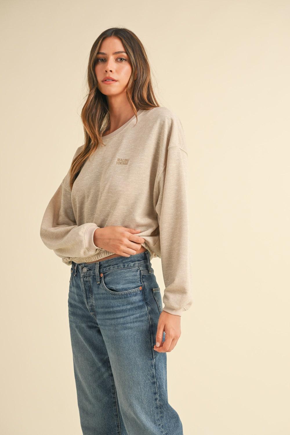 Mable Round Neck Letter Embroidery Crop Sweatshirt - Divasha