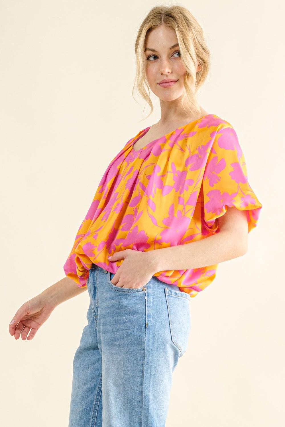 And The Why Full Size Printed Satin Bubble Hem Top - Divasha