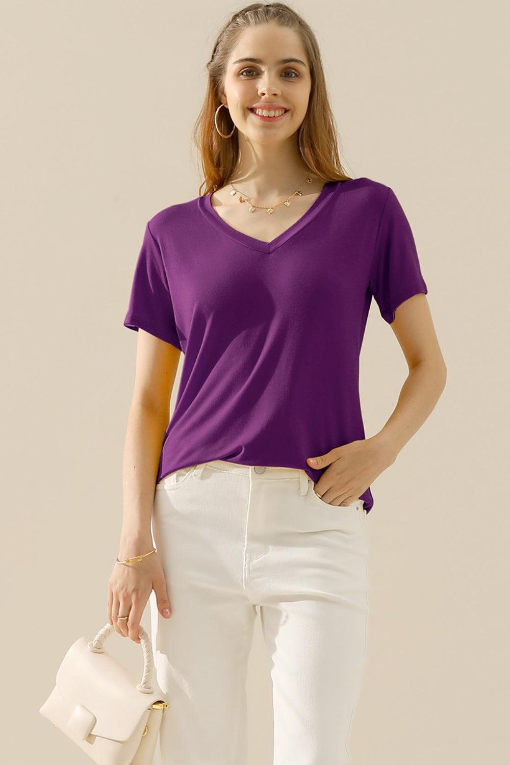 Ninexis Full Size V-Neck Short Sleeve T-Shirt - Divasha